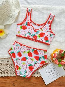 2pcs/Set Young Girl Strawberry Print Ruffle Trim Bikini Swimwear - Red and White - View 4