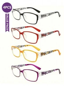 Boho 4pcs/Set Fashion Glasses Presbyopia Glasses Readers For Women Retro Printed Square Frame Spring Hinge Optical Eyeglasses 1X 1.5X 2X 2.5X 3X 3.5X 4X Accessories For Women Glasses