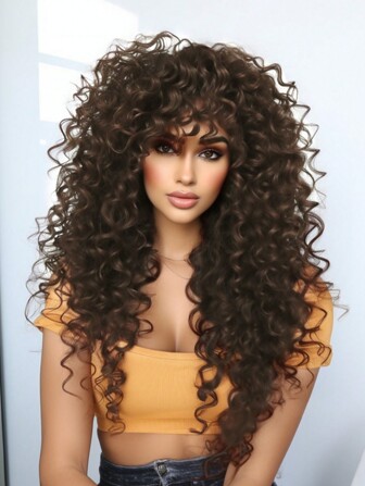 24-Inch Curly Hair Female Wig Wavy Dark Brown Wig Synthetic Long Curly Hair Wig. Synthetic Heat Resistant Wigs Bouncy Curls Wigs With Bangs Ombre Blonde 18 Inch Chemical Fiber Wig Bangs Wig Daily Used Easy To Wear Beginner Friendly Big Bouncy Fluff Curly Wigs Suitable For Halloween And Role-Playing