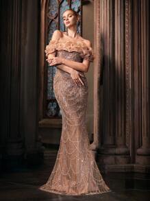 Vestidos de festa de champanhe com lantejoulas e bainha de sereia para mulheres, vestidos para jantar, coquetel, festa à noite, vestido de convidado de casamento, vestido formal - Champagne - Ver 5
