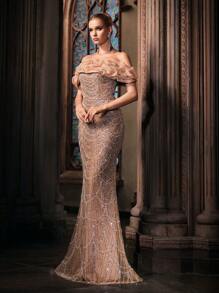 Vestidos de festa de champanhe com lantejoulas e bainha de sereia para mulheres, vestidos para jantar, coquetel, festa à noite, vestido de convidado de casamento, vestido formal - Champagne - Ver 4