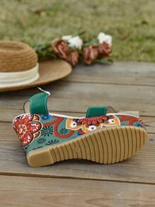 Women's Floral Slope Platform Sandals - Thick Bottom, Open Toe, Comfortable Thick Bottom Sandals With Lovely Floral Print, Suitable For Spring/Summer Beach And Casual Outfits, Casual Shoes | Floral Print Sandals | Rubber Sole Sandals