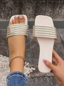 Women Plus Size Square Toe Flat Slide Sandals, Fashionable Light Gold Casual Open Toe Slippers For Summer