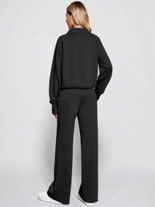 Women's Casual Fashion Solid Color Zipper Collar Long Sleeve Top And Straight Leg Pants 2 Pieces Outfit