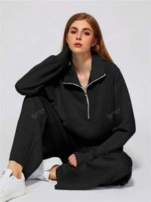 Women's Casual Fashion Solid Color Zipper Collar Long Sleeve Top And Straight Leg Pants 2 Pieces Outfit