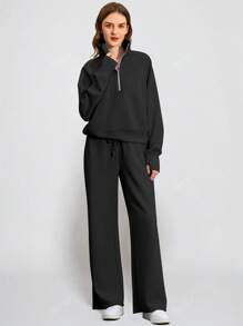 Women's Casual Fashion Solid Color Zipper Collar Long Sleeve Top And Straight Leg Pants 2 Pieces Outfit