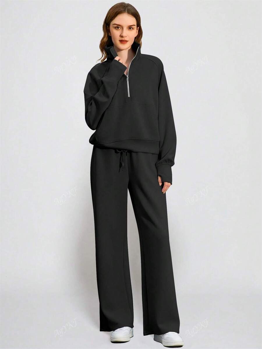 Women's Casual Fashion Solid Color Zipper Collar Long Sleeve Top And Straight Leg Pants 2 Pieces Outfit