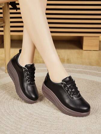 女士新款厚底坡跟休闲鞋，时尚百搭防滑舒适轻便松紧带摇摆鞋，春秋