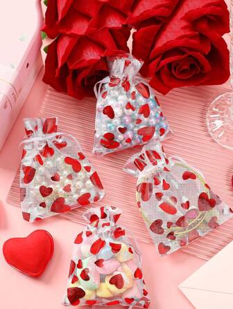 10 个/40 个红色心形透明欧根纱袋 8x10 厘米，婚礼、情人节派对收纳礼品袋、珠宝袋，适合母亲节、伴娘礼物、毕业礼物、生日礼物、结婚礼物