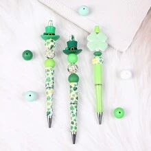 56 件圣帕特里克节主题硅胶珠套装，三叶草和帽子印花珠和圆珠，DIY 珠宝、派对、笔饰、手链、项链和工艺品的时尚配饰 - 綠色 - 查看 4