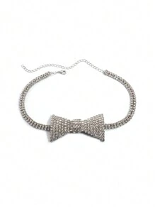 1入組流行女款蝴蝶結項鍊，短吊墜式頸圈，銅材質嵌鑲鑽石，適用於派對 - 彩色 - 查看 3