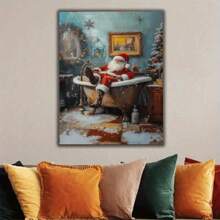 Room Decor 1pc Wooden Framed, Santa Is In The Bathtub, Wall Decorati Canvas Painting Wall Art Prints Poster, Decor For Home Gifts, Living Room, Bathroom, Bedroom