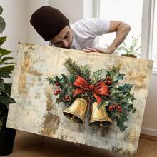 Christmas Bells Art Canvas, Winter Holiday Wall Mural, Vintage Style Christmas Decoration, Suitable For Home And Office - 裱框 - 查看 2