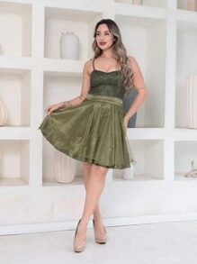 Short Party Dress With Shiny Lace Straps - Olive Green - View 5