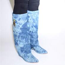 Padlock Detail Fold Over Wedge Knee High Boots - Denim - View 6