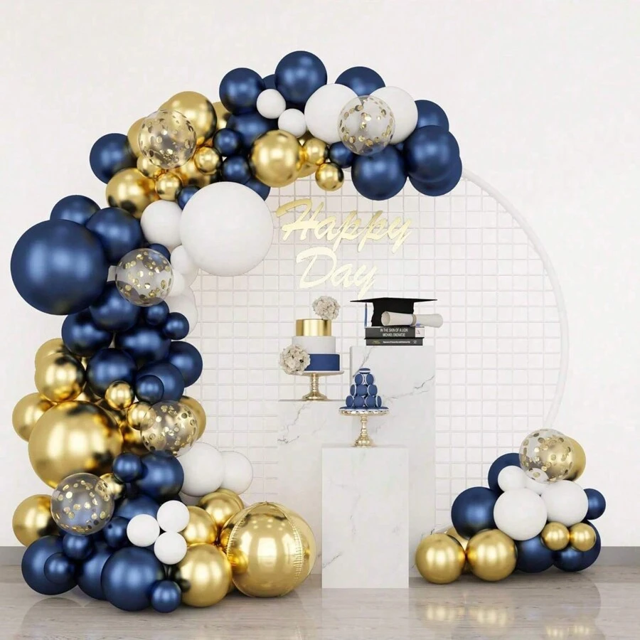 1 set de kit de arco y guirnalda de globos azul marino, dorado, plateado y blanco. Globos de látex metálicos dorados, blancos y confeti de colores variados, en diferentes tamaños, para decoración de despedida de soltera, cumpleaños, boda, aniversario y graduación - Varios estilos disponibles - Multicolor - Ver 1