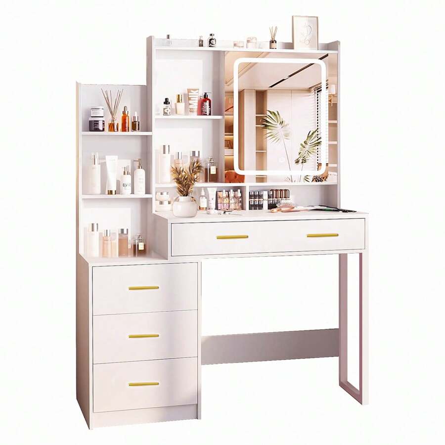 Multifunctional Dressing Table With 5 Drawers And Led Light Touch Mirror,Vanity Desk With Mirror And Light,3 Lighting Modes Adjustable Brightness,European Style Dressing Table With Drawers, Makeup Vanity Table For Bedroom,Gifts For Girls And Women - 白色 - 查看 1
