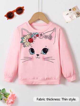 2024 Autumn Young Girl Fashion Casual Cute Cat Print Round Neck Long Sleeve Lightweight Sweatshirt