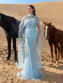 Faeriesty SHEIN X Hannahelzahed Haute Glamour Luxurious Shimmering Beaded Sequin Maxi Dress With Cape & Fish Tail Hem – High-End Couture, Mermaid Gown, Star-Approved Red Carpet Dress For Weddings, Galas, And Celebrity-Style Parties - Baby Blue - View 5