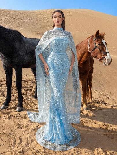 Faeriesty SHEIN X Hannahelzahed Haute Glamour Luxurious Shimmering Beaded Sequin Maxi Dress With Cape & Fish Tail Hem – High-End Couture, Mermaid Gown, Star-Approved Red Carpet Dress For Weddings, Galas, And Celebrity-Style Parties​