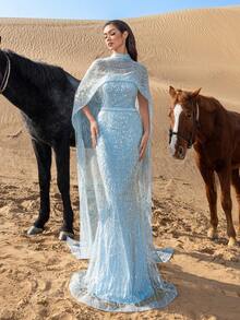 Faeriesty SHEIN X Hannahelzahed Haute Glamour Luxurious Shimmering Beaded Sequin Maxi Dress With Cape & Fish Tail Hem – High-End Couture, Mermaid Gown, Star-Approved Red Carpet Dress For Weddings, Galas, And Celebrity-Style Parties - Baby Blue - View 6