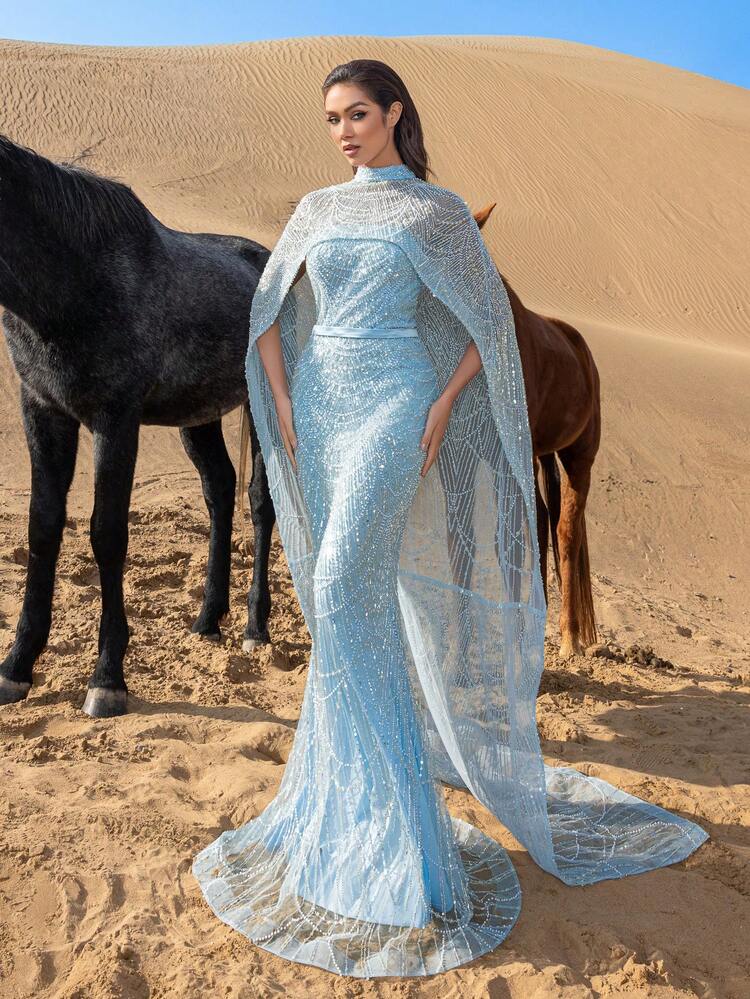 Faeriesty SHEIN X Hannahelzahed Luxurious Shimmering Beaded Sequin Maxi Dress With Cape & Fish Tail Hem – High-End Couture, Mermaid Gown, Star-Approved Red Carpet Dress For Weddings, Galas, And Celebrity-Style Parties​ Party Formal Elegant - Baby Blue - View 6