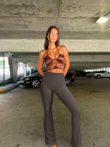 OQQ Women's 2 Piece Yoga Pants Ribbed Seamless Workout High Waist Bell Bottoms Flare Leggings - 黑茶,茶葉 - 查看 4