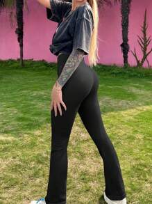 OQQ Women's 2 Piece Yoga Pants Ribbed Seamless Workout High Waist Bell Bottoms Flare Leggings - 黑茶,茶葉 - 查看 2