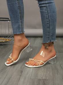 Plus Size Women's Square Toe Ankle Strap Sandals, Chunky Wedge Heel, White Transparent Pearl Decor, Comfortable And Non-Slip For Party, Beach And Home/Outdoor Wear Valentines