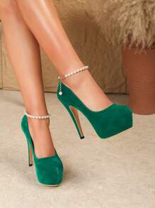 Women's 5.5-Inch Super High Heel 1.6-Inch Waterproof Platform Closed Toe Solid Velvet Moss Green Fashion Pearl Chain Strap Pumps, Suitable For Office, Party, Fashion Show - Dark Green - View 1