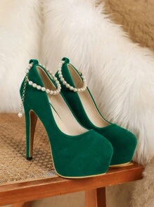 Women's 5.5-Inch Super High Heel 1.6-Inch Waterproof Platform Closed Toe Solid Velvet Moss Green Fashion Pearl Chain Strap Pumps, Suitable For Office, Party, Fashion Show - Dark Green - View 5