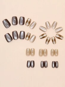 30 件短方形浪漫栗色拿铁猫眼菱形假指甲套装适合学生、办公室白领、日常工作和约会指甲按压指甲美甲用品指甲