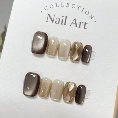 30 件短方形浪漫栗色拿铁猫眼菱形假指甲套装适合学生、办公室白领、日常工作和约会指甲按压指甲美甲用品指甲