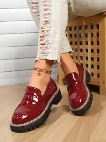 Women's Fashionable Versatile Shiny Platform Loafers - Burgundy - View 1