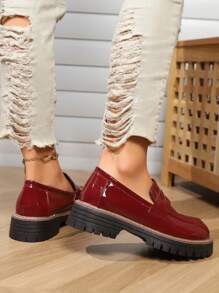 Women's Fashionable Versatile Shiny Platform Loafers - Burgundy - View 4