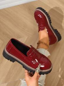 Women's Fashionable Versatile Shiny Platform Loafers - Burgundy - View 6