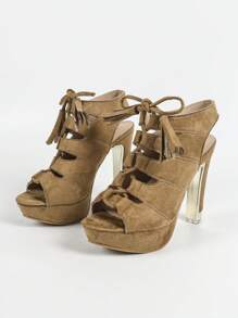 女式黑色绒面露趾系带罗马凉鞋，防水厚底 - 卡其色 - 查看 6