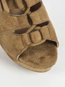 女式黑色绒面露趾系带罗马凉鞋，防水厚底 - 卡其色 - 查看 8