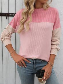 Round Neck Twisted Color Block Long Sleeve Loose T-Shirt