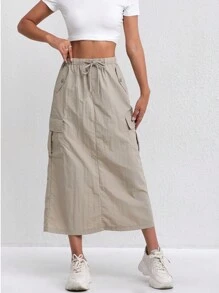 Americana Women's Cargo Skirt, Vintage Style, Lightweight Breathable Fabric, Multiple Pockets, A-Line, High Waist, Slit, Slimming