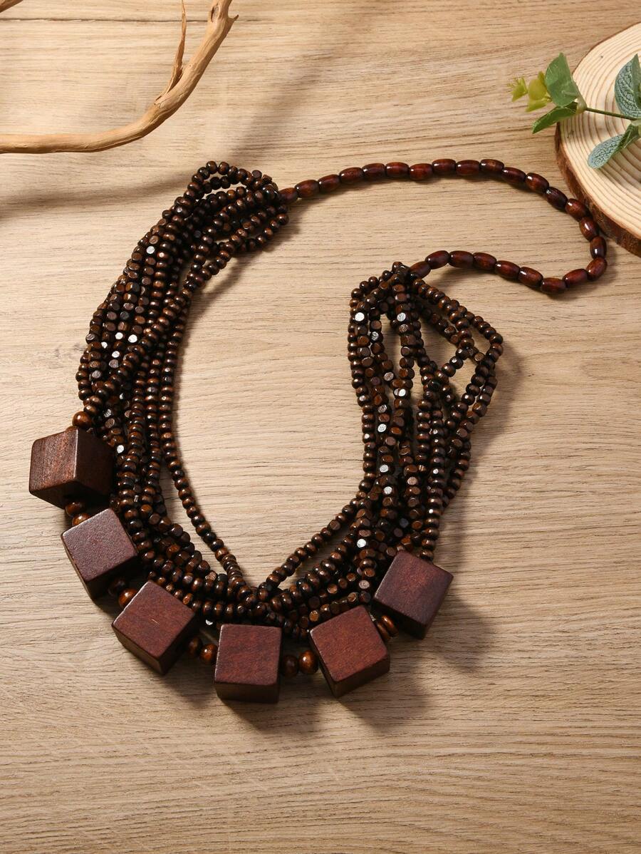 1 pieza Collar largo tipo cadena de jersey de estilo bohemio vintage con patrón de madera de coco, accesorio de viaje