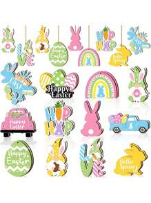 12pcs/24pcs/36pcs Easter Wooden Decorations, Happy Easter Eggs, Rabbit & Carrot Wooden Hanging Ornaments, Spring Easter Wooden Slice Decorations, For Easter Party, Home, Classroom Decor Easter Decorations Easter Decor Party Gift Gifts Birthday Graduation