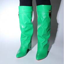 Padlock Detail Fold Over Wedge Knee High Boots - Green - View 2