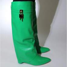 Padlock Detail Fold Over Wedge Knee High Boots - Green - View 3