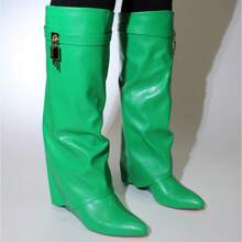 Padlock Detail Fold Over Wedge Knee High Boots - Green - View 4