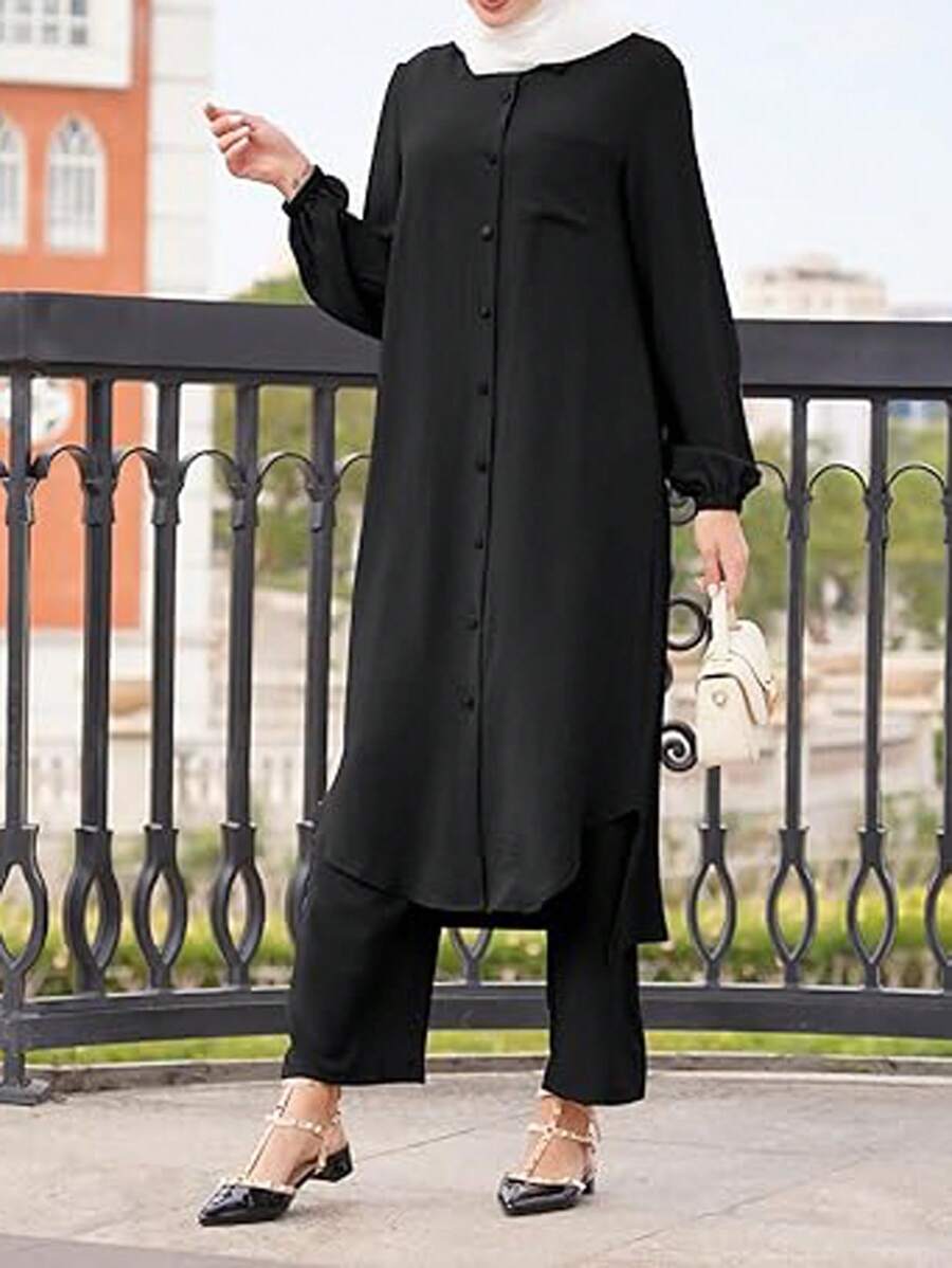 Damen Einfarbiges Chiffon-Langarmhemd und lange Hosen Mittlerer Osten Stil Anzug