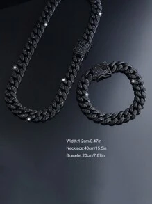 2pcs Black Cuban Link Chain Necklace And Bracelet Set, Men's Chain Necklace Hip Hop Jewelry Set, Fashion Rapper Jewelry, Perfect Gift For Boyfriend, Son And Dad