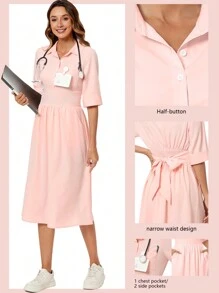 cimmuovere Rearside Draw-Cord Waist Sundress With Pockets, Lab//Nurse/Dental/Clinic/Beauty Salon/Psychologist Scrub Dress - Pink - View 1