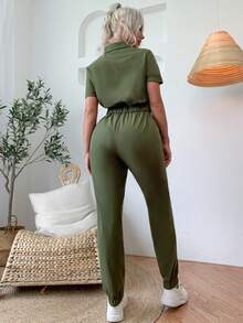 Women's Flap Pocket Belted Front Rouched Jumpsuit - Army Green - View 2