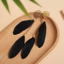 Feather Tassel Design Colorful Beaded Pendant Earrings, Bohemian Style Metal Jewelry Gift For Women